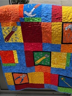 Crib size Handmade Tool-Themed Patchwork Quilt - Bright Multicolor